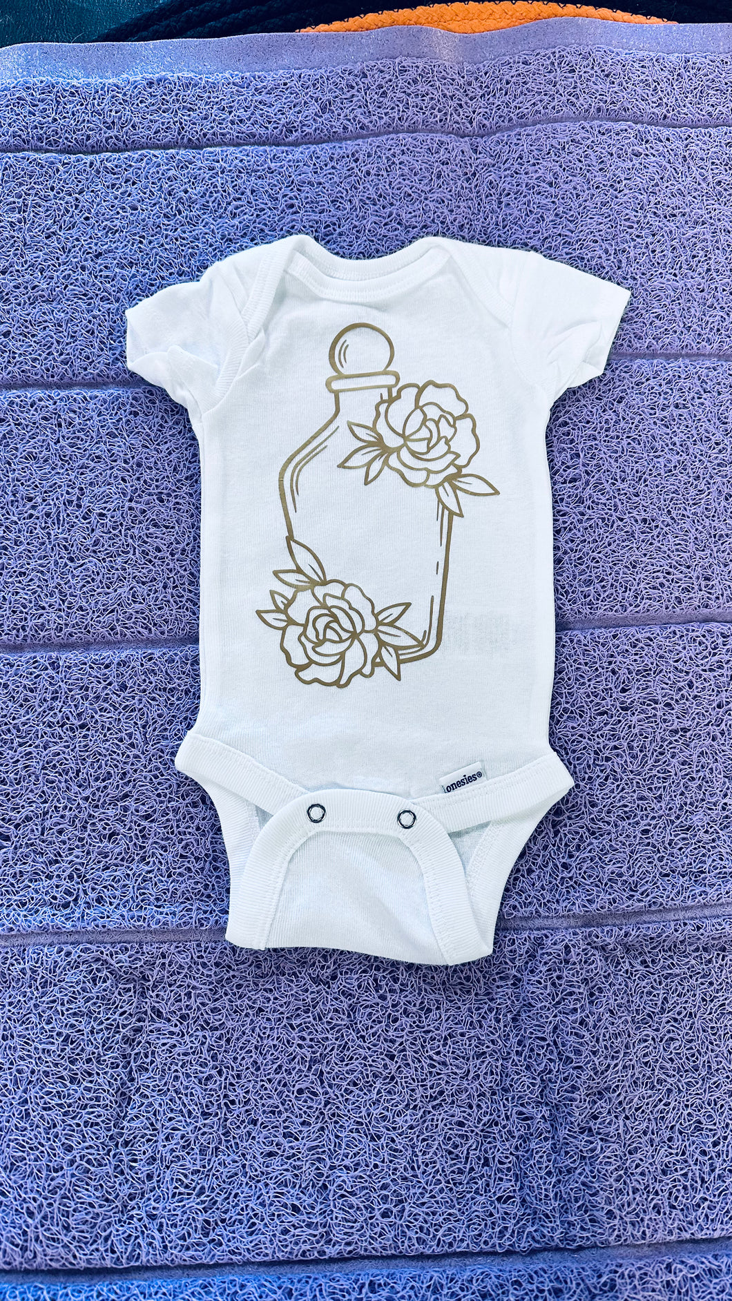 White Short Sleeve - Gold Print Potion and Flowers Onsie- Newborn